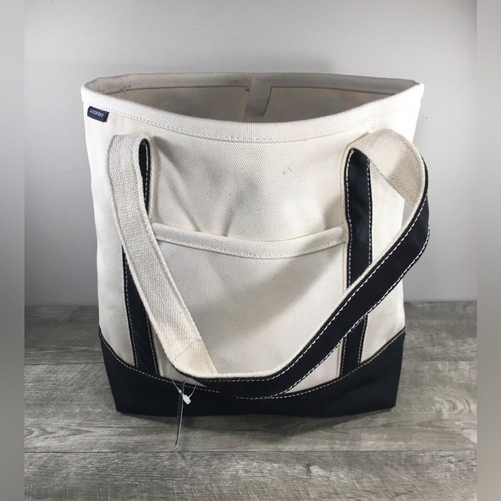 New Lands End Cotton Boat Bag Tote Beach Travel Black-White Straps Yoga Open Top